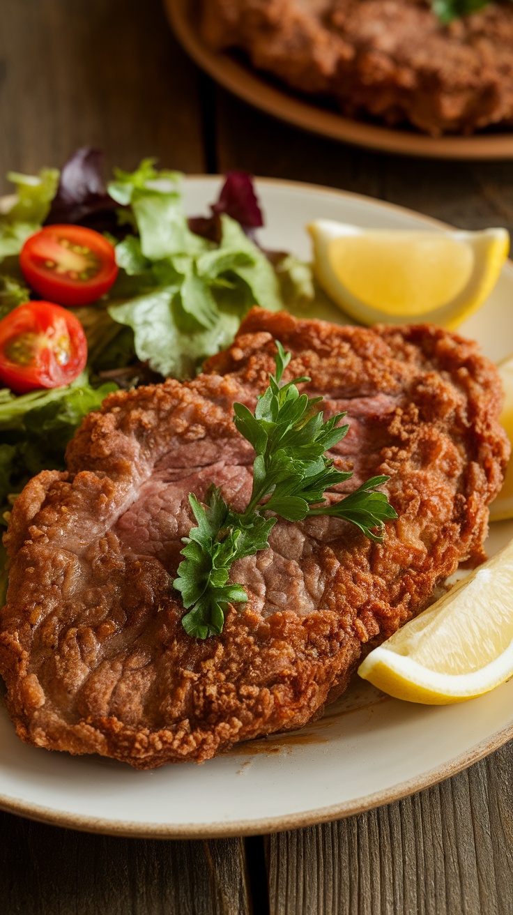 Crispy beef milanesa steak garnished with parsley and lemon, served with a fresh salad on a rustic table.